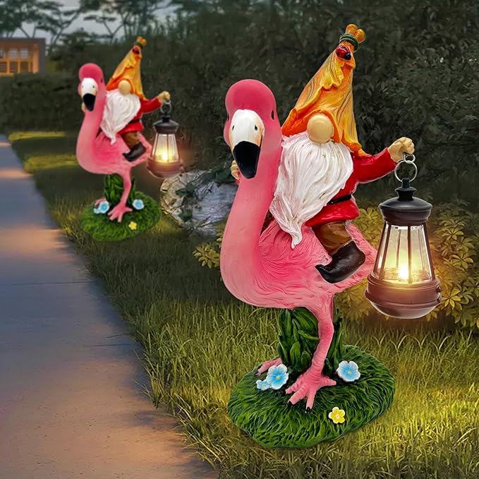Gnomes Flamingo with Solar Lantern Whimsical Decor for Garden Yard Patio Lawn LED Lights - Unique Gift for Women Mom Friends(Red Gnomes)