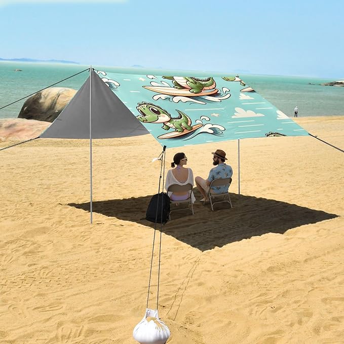 Cute Little Crocodile Surfing Camping Sun Shelter Beach Tent Portable Beach Sun Shade Outdoor Canopy for Camping Trips Fishing Picnic