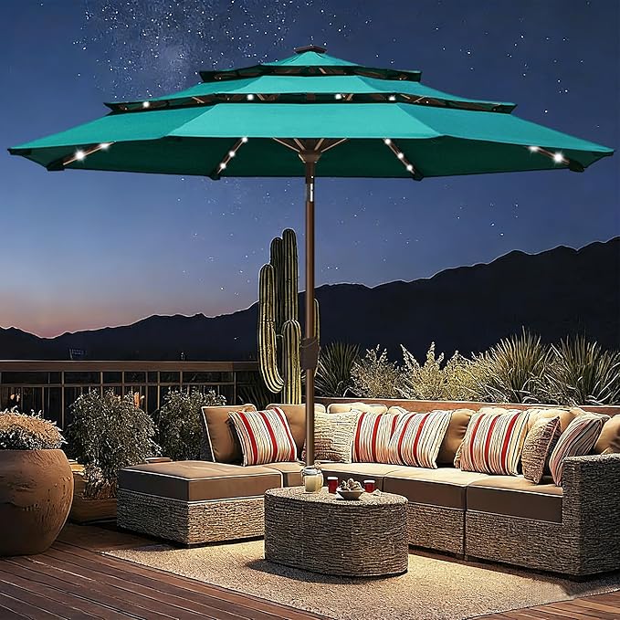 EliteShade USA 10-Year-Non-Fading 10Ft 3 Layers Market Umbrella with 80 LED Lights Patio Umbrella Outdoor Table Umbrella with Ventilation(Teal)