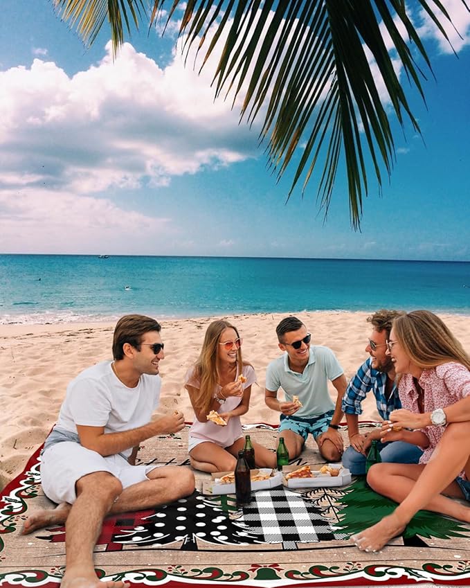 Beach Blanket Waterproof Sandproof Merry Christmas Grid Dot Tree Quick Drying Beach Mat with 4 Stakes Holly Snowflake on Wooden Lightweight Picnic Blanket for Travel Camping Outdoor 118x108