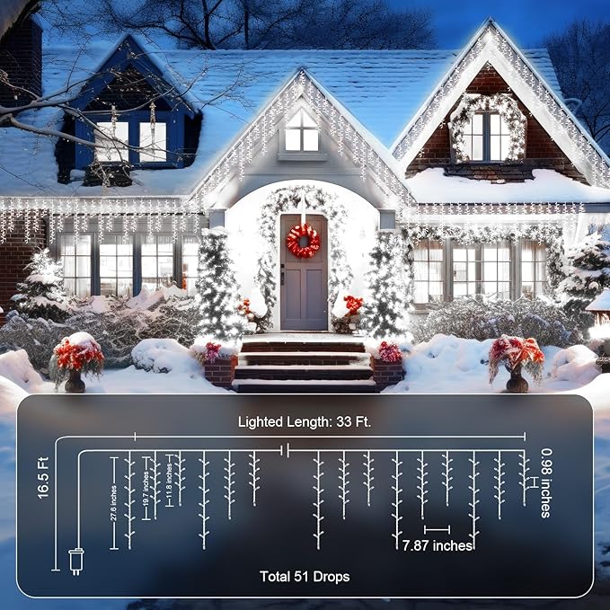 Brightown Cluster Icicle Lights Outdoor 33FT 1020 LED Icicle Christmas Lights with 51 Drop12 Modes Cluster String Light with Timer Waterproof Firecracker Christmas Light Outdoor White