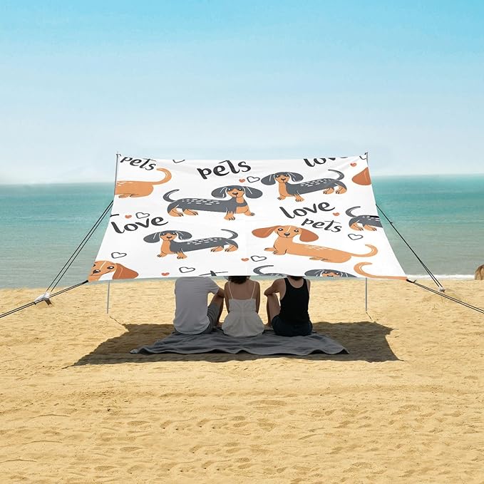 Bolaz Beach Canopy Tent Sun Shade9'×10.5' Large Family Beach Shade UPF50+- Outdoor Shade for Camping Trips FishingDachshund Pattern