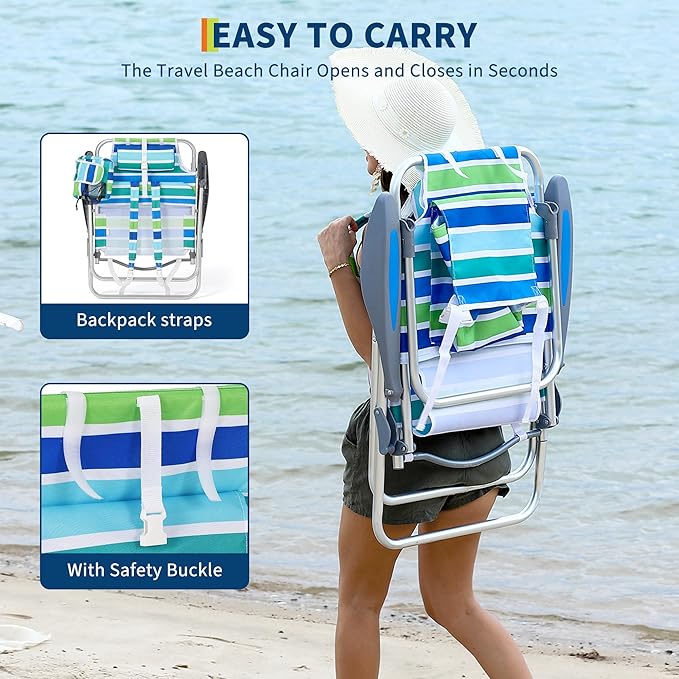 2-Pack Backpack Beach Chairs: Lightweight Foldable 5 Reclining Positions Lay-Flat Design Straps Cooler Pouch Cup Holder &amp Towel bar. Great for Beach &amp Camping