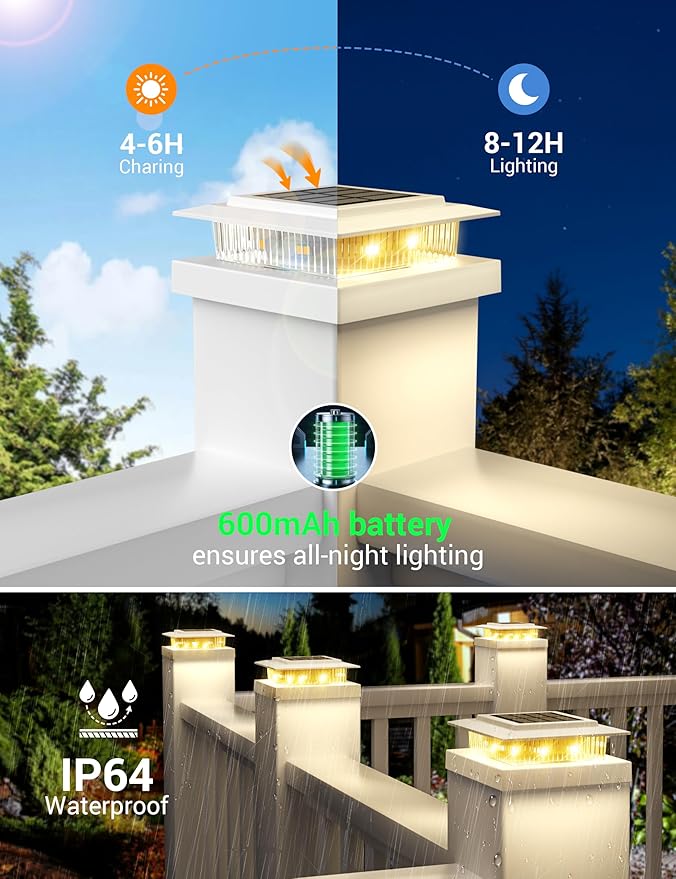 APONUO Solar Post Cap Lights for 4x4 5x5 Fence Posts IP64 Waterproof Outdoor LED Deck Lights with 2 Modes (Warm White &amp Cool White) Auto On/Off Dusk to Dawn Easy Install White 16 Pack