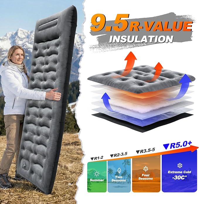 KASBAH Camping Sleeping Pad 9.5R-Value Thick 6 inch Camping Mat with Pillow Built-in Foot Pump Inflatable Sleeping Pads Compact for Camping Backpacking Hiking Traveling