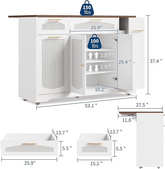 Rolling Kitchen Island Cart with Drop Leaf Storage Cabinets Drawers Tilt-Out Trash Can Spice Rack Narrow Movable Table for Small Spaces 47 on Wheels - Walnut Tabletop + White