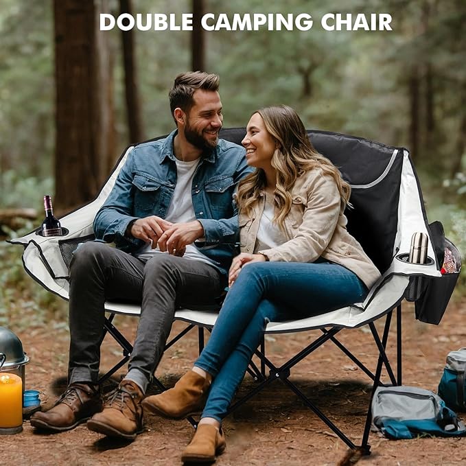 Double Camping Chair for Adults Outdoor Folding Chair with 2 Cooler Bags Support 500lbs Heavy Duty Camp Chair for Outdoor Sports Beach - Black&ampGrey
