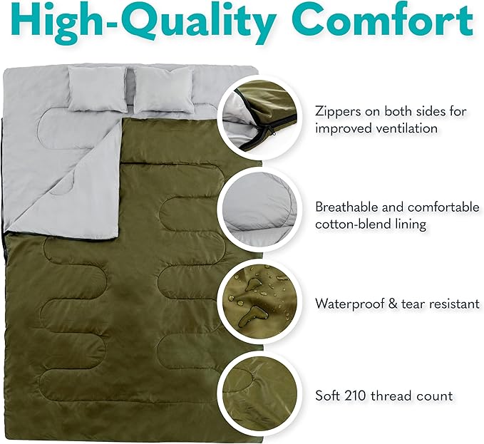 Double Sleeping Bags for Adults Backpacking Camping or Hiking - Waterproof Queen Sleeping Bags for Adults or Teens - Truck Tent Sleeping Pad