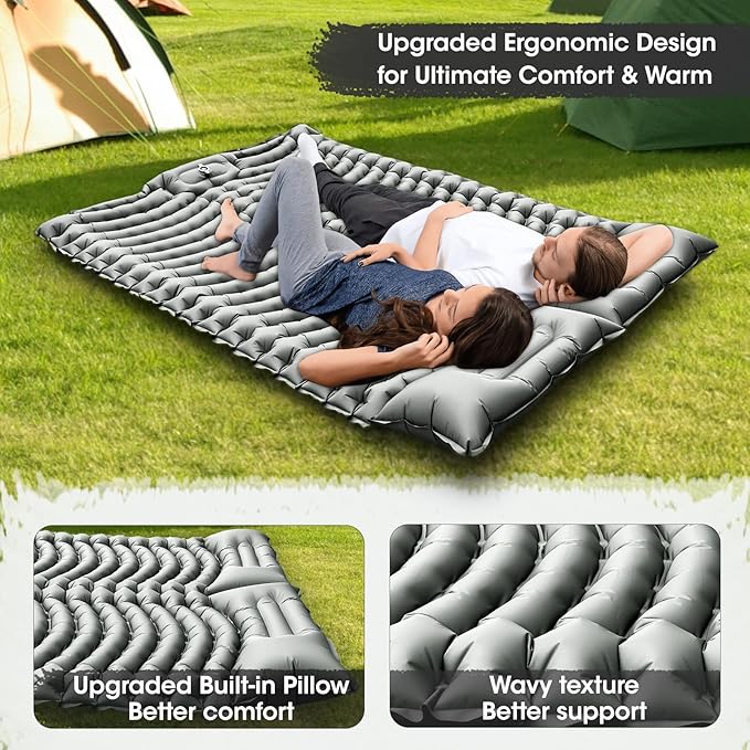 Double Sleeping Pad Self-Inflating 4 Thick for 2 Person Camping - Built-in Foot Pump Ergonomic Pillow &amp Ultra-Portable Design for Backpacking Hiking Tent Use