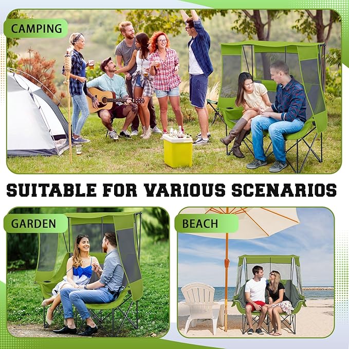 Double Camping Chair with Canopy Shade 660lbs Heavy Duty Beach Chair Portable Folding 2 Person Camping Loveseat with Cup Holder and Storage Bag for Lawn Beach Outdoor Sport(Geen and Grey)