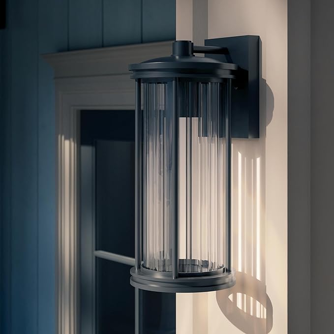 Kichler Barras 16 1-Light Outdoor DarkSky Approved Wall Sconce with Clear Ribbed Glass in Black Vertical Mount (16 x 7.25) 59023BKDS