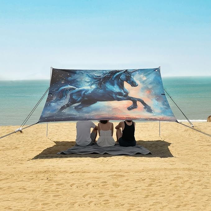 Drawing Galaxy Horse Beach Tent Sun Shelter 9.2' x 10.5' Beach Canopy with 4 Sandbags 4 Stability Poles Sand Shovels - Tent Canopy for Beach Camping Fishing Picnics
