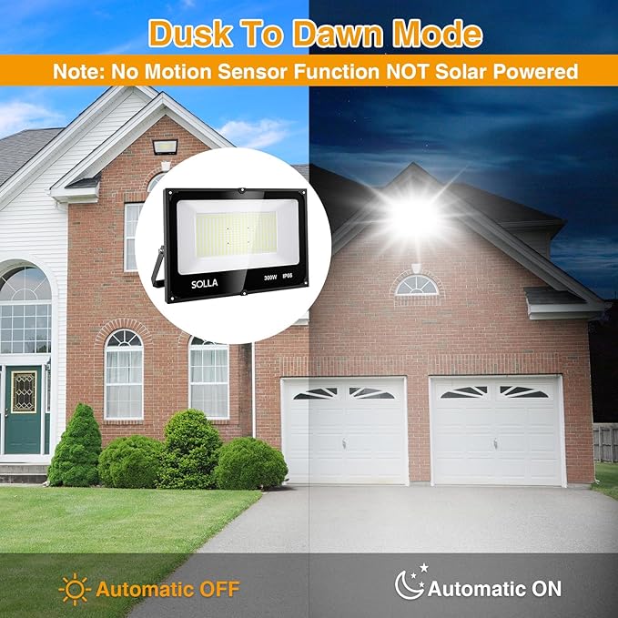 SOLLA 300W LED Stadium Flood Light with Dusk to Dawn Photocell Extreme Bright 6000K 30000LM 110-265V IP66 Waterproof Perfect Arena Light for Garden Rooftop Backyards Streets