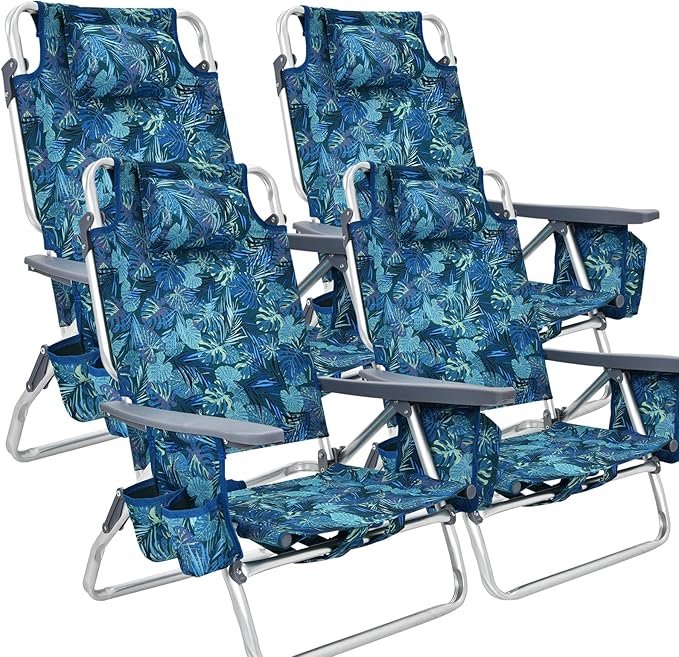 GYMAX Beach Chairs Backpack Camping Chair with Armrest Cooler Bag Cup Holder Towel Bar &amp Side Pockets Sunbath Sling Tanning Lounge Folding Layout Chair (4 Chairs Without Table Blue Leaves)