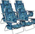GYMAX Beach Chairs Backpack Camping Chair with Armrest Cooler Bag Cup Holder Towel Bar &amp Side Pockets Sunbath Sling Tanning Lounge Folding Layout Chair (4 Chairs Without Table Blue Leaves)