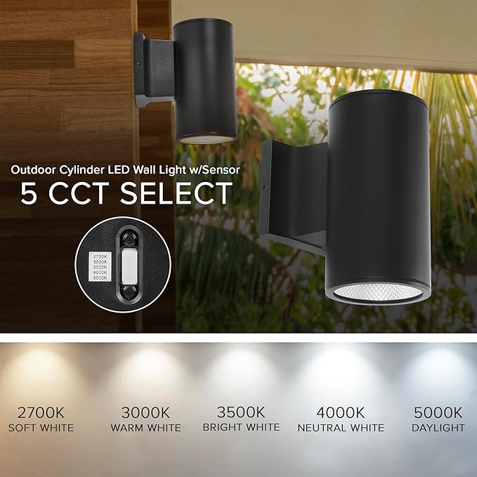 Maxxima Cylinder LED Outdoor Wall Light Modern Wall Wash 12 Watt 1050 Lumens 5 CCT 2700K/3000K/3500K/4000K/5000K Dusk to Dawn Photocell Sensor Exterior Garage Patio or Porch Lighting Black