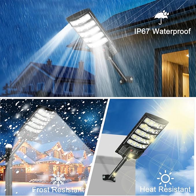 4-Pack Solar Street Lights 30000lm Outdoor Flood Light with Dual Motion Sensors Dusk to Dawn IP66 Waterproof Solar Powered Parking Lot Light with Remote Control 6500k Dimmable Security Lamp