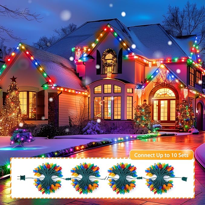 Brightown C9 LED Christmas String Lights 2 Pack Total 132ft 200LED Multi-Color Outdoor Lights String Plug-in Connectable Roofline Lights String for Outside Yard Christmas Holiday Decor