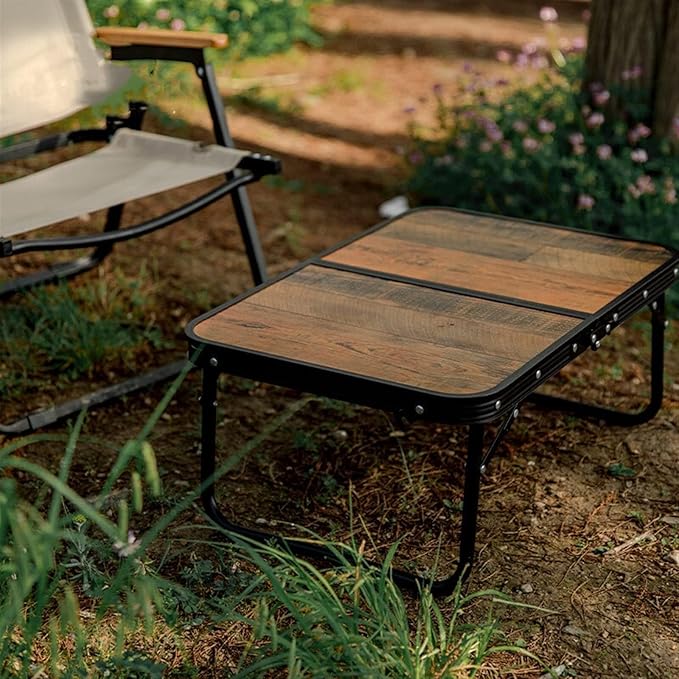 Camp Table Outdoor Folding Table Adjustable Height Lightweight Aluminum Alloy with Wood Grain Surface Portable Hiking Picnic Desk