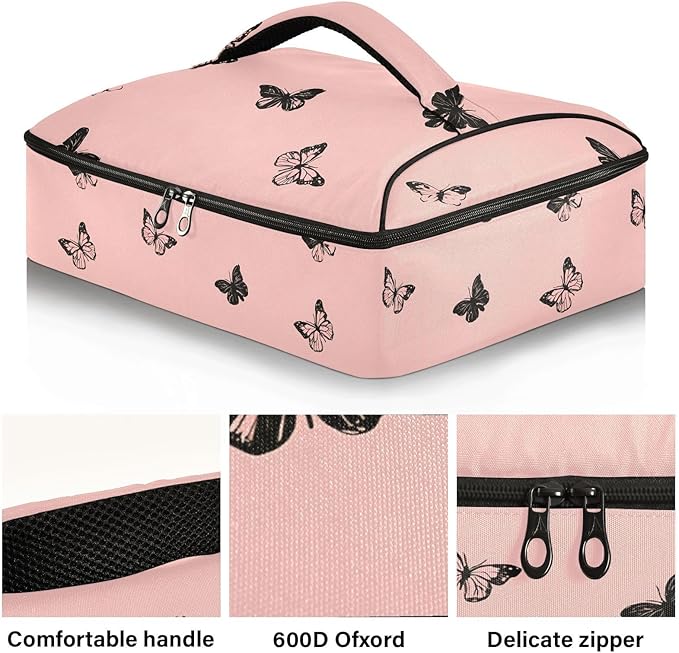 Casserole Carrier Beautiful Pattern Pink ButterflyInsulated Casserole Carrier for Hot or Cold Food Thermal Lunch Tote for Potluck Parties Picnic Beach Fits 9 x 13 Inches Baking Dish