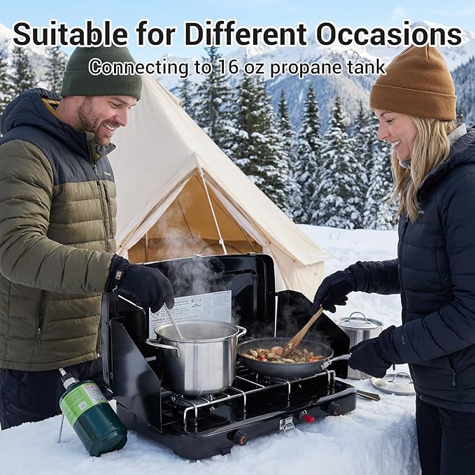 Camping Stove 2 Burners Propane Portable Camp Stove with Regulator Push-Button Instant Ignition Adjustable Burners &amp Wind Guards for Car BBQ Picnics Outdoor Cooking