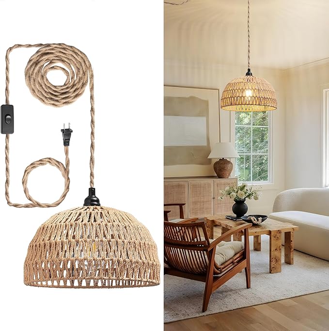 Rattan Hanging LampBoho Pendant LightsPlug in Cord Hanging Rattan LightPlug Into Wall Outlet Pendant Light Fixture On/Off Switch for LivingDinner RoomBedroomKitchenfor E26without Bulb