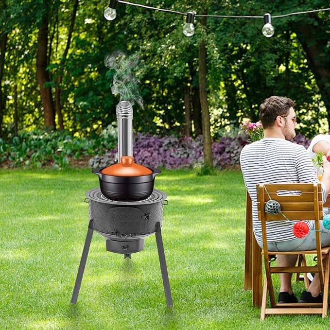 Multifunction Wood Burning Stove With Grill Rack Camping Wood Stove Large Charcoal Grill With Grill Rack For Outdoor/Backyard Cooking Picnic And Barbecue. (Carbon Black-19in+ 3 Wok Rings)
