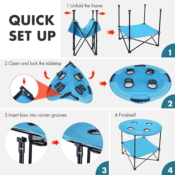 VILLEY Folding Camping Table Lightweight Double-Layer Round Table with 4 Cup Holders and Carry Bag Portable Beach Table for Camp Travel Fishing Outdoor Activities Blue
