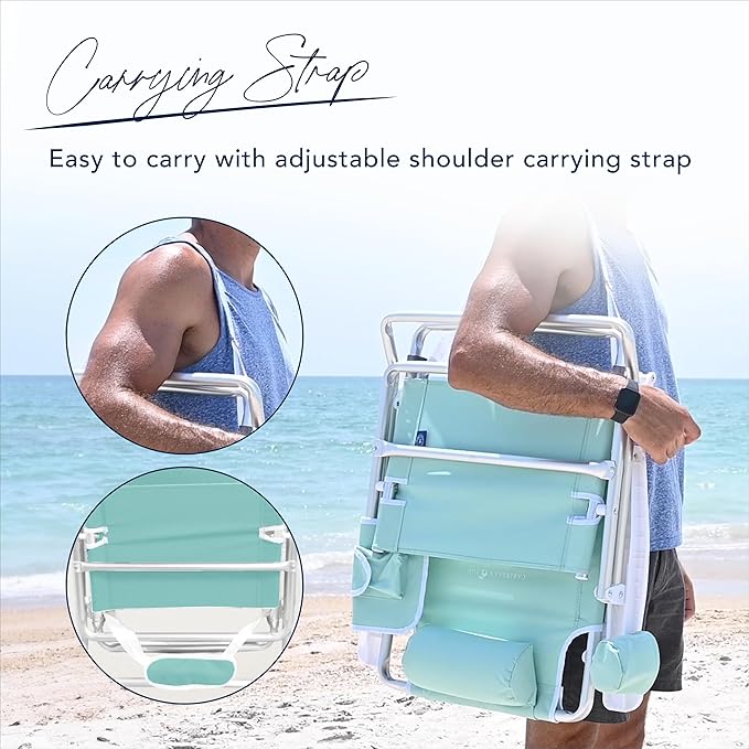 Caribbean Joe Folding Beach Chair 5 Position Lightweight Portable Reclining Outdoor Camping Chair with Headrest Shoulder Strap and Cup Holder Mint