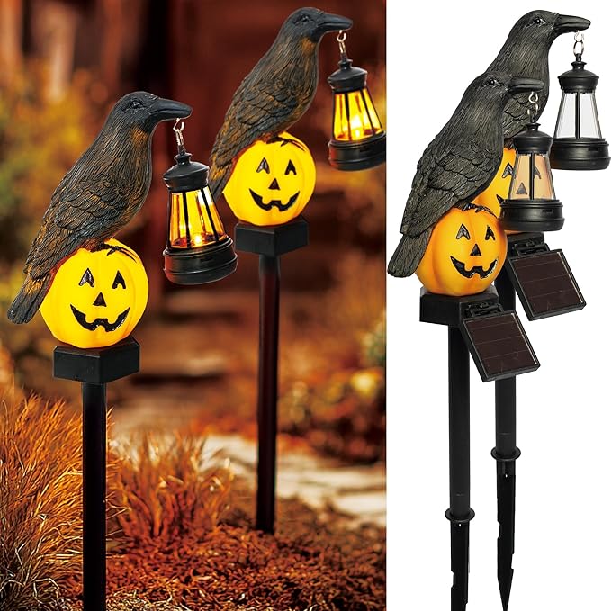 Dazzle Bright 2 Pack Halloween Crow Pathway Lights Outdoor Solar Powered Resin Crow with Pumpkin Walkway Lights Stake Light for Halloween Pathway Garden Lawn Yard Gifts Decoration