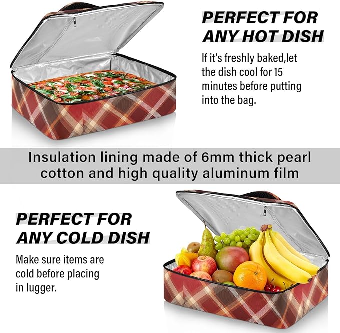 Casserole Carrier Red and Brown Tartan Pattern Insulated Casserole Carrier for Hot or Cold Food Thermal Lunch Tote for Parties Picnic Travel Carry Bag