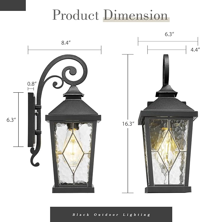 Emliviar Outdoor Porch Light 16 Inch Farmhouse Wall Mount Fixture with Water Glass Shade Matte Black Carriage Light for House Yard Garden Patio WE301B-SD BK