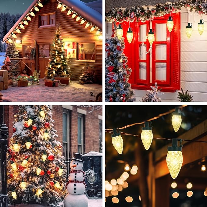 Brightever C9 Battery Christmas Lights 35FT 50LED Christmas Tree Lights Indoor with Timer &amp 8 Lighting Modes Waterproof Battery String Light for Party Wedding X-mas Decoration Warm White 1-Pac