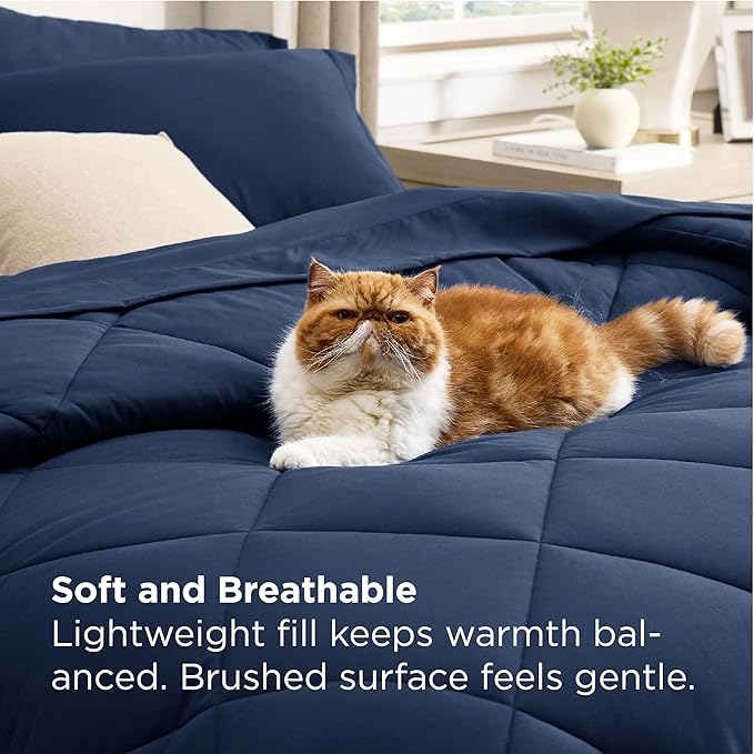 Bedsure 7 Pieces Queen Comforter Set Premium Series Hotel Luxury Soft Bed in a Bag Goose Down Alternative Safe for Sensitive Skin Bedding Comforter All Season Medium Warmth Navy Blue Queen Size