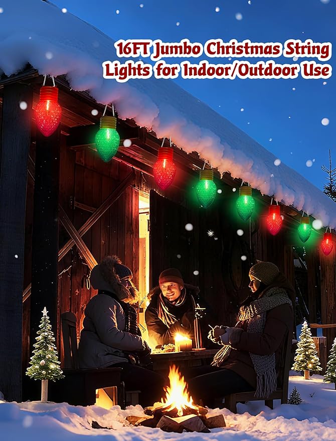 Jumbo Christmas Lights 16FT Giant Christmas Lights with 10 5'' LED Red Green Giant Strawberry Bulbs C7 Hanging Xmas Light for Patio Garden Party Outdoor Xmas Decorations