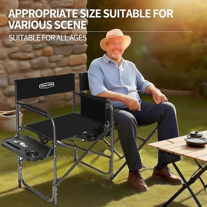 YOUNG WOOD Camping Directors Chair with Side Table Foldable and Portable FishingTripPicnicHikeLawnSportsBeachOutdoor Camping Chair for AdultsDrink Holder and Mobile Storage2p