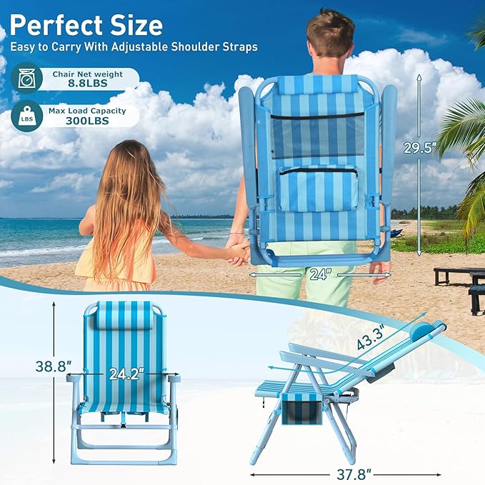 Suteck Backpack Beach Chair 6-Positions Beach Chairs for Adults with Cooler Bag Reclining Beach Chair with Cup Holder Folding Camping Chair for Sand Outdoor