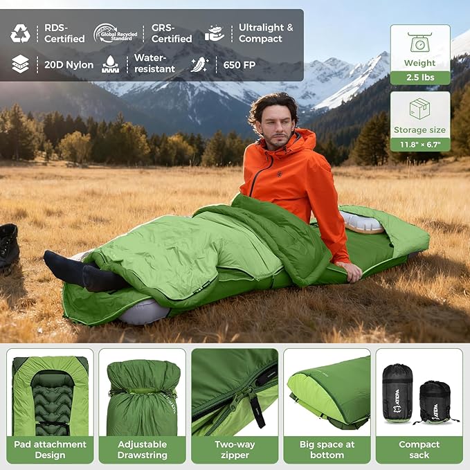 ATEPA Down Sleeping Bag for Adults Recycled Ultralight 35°F 40°F 45°F 50°F 650FP / 700FP 3 Season Compact Sleeping Bags with Compression Sack for Backpacking Camping Hiking Can Be Attached to Pad