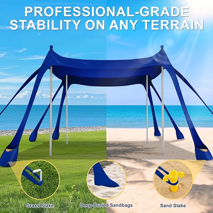 Beach Tent Sun Shelter UPF 50+10x10 FT Beach Canopy Tent Sun ShadePop Up Beach Canopy with 8 SandbagsOutdoor Beach Shade for Camping Trips Fishing Backyard Fun Picnics (Navy Blue)