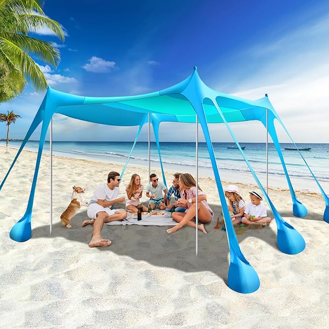 Rhino Valley Beach Tent Shade Canopy UPF50+ Protection 8 Sandbags 4 Stability Poles Outdoor Sun Shelter Umbrella for Sand Camping Fishing Essentials