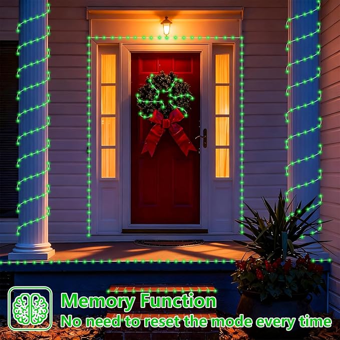 YEGUO Solar Christmas Light Outdoor Waterproof 66ft 200 LED Green Rope Lights 8 Modes Tube String Lights in Clear Thin Tube