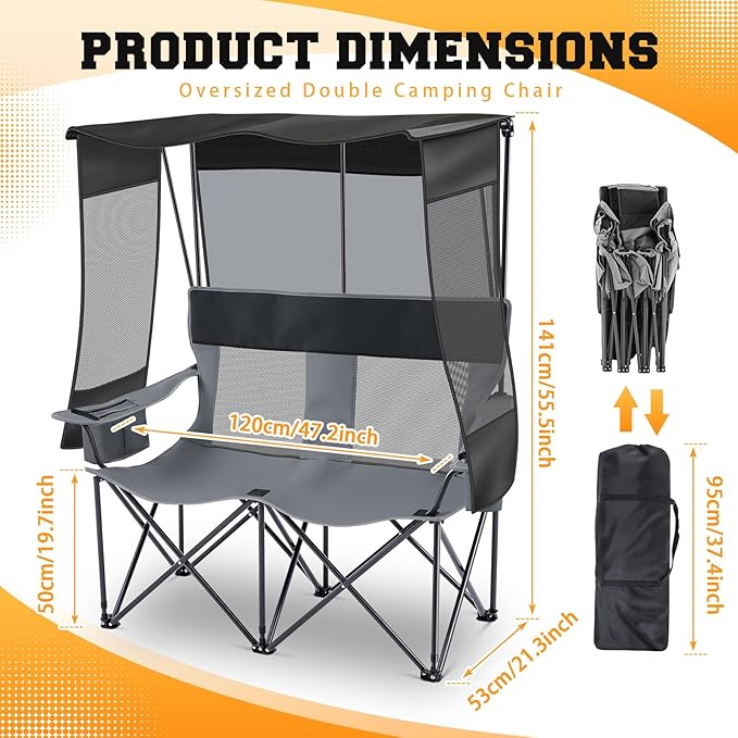 Double Camping Chair with Canopy Shade - 2 Person Beach Loveseat Folding Camp Chair with Cup Holders &amp Cooler Bag Portable Heavy Duty Outdoor Seating for Camping Beach Sports Backyard