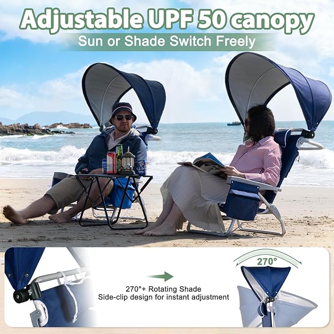 Romswi Beach Chair with Canopy Shade for Adults 1 Pack Aluminum Folding Chairs with Detachable &amp Adjustable Umbrella 5-Position Lay Flat Cooler Bag Cup &amp Phone Holder Towel Bar Navy Blue