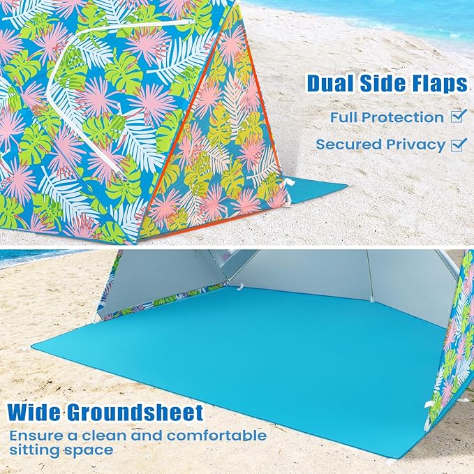 Goplus Convertible Beach Tent for 2-4 People 2-in-1 Sun Umbrella with Roll-Up Windows Dual Side Flaps Groundsheet &amp Carry Bag UPF 50+ Beach Shade Shelter for Camping Picnic &amp Sports Event