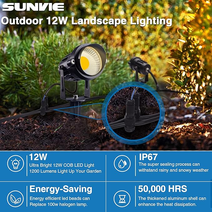 SUNVIE 12W Low Voltage Landscape Lighting Landscaping Lights with Connectors Outdoor LED Landscape Light 3000K Waterproof Tree Flag Lights Low Voltage Lighting with Stand for Garden Yard Path 16 Pack