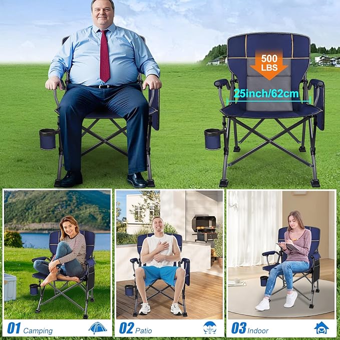 Jill Deaaa® Oversized Camping Chairs Heavy Duty Support 450 LBS Folding Outdoor Chair with Padded Back &amp Arm Folding Lawn Chairs with Side Pockets &amp Cup Holder for Outside Fishing Camp &a