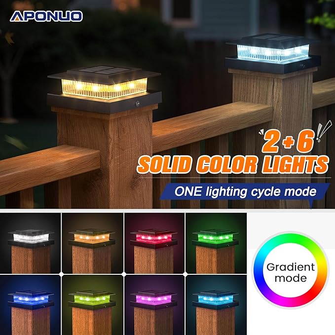 APONUO 6 Pack Solar Post Cap Lights Color Changing - 8 Solid Colors &amp Flowing Multicolor IP65 Waterproof for 4x4 Wood/Vinyl Posts Auto On/Off Deck Fence Patio Garden Lighting Black