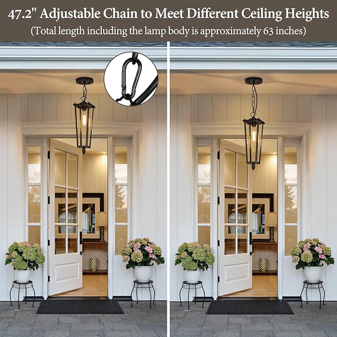 Outdoor Pendant Lights for Porch 16 Black Outdoor Pendant Light with Clear Glass Modern Hanging Porch Lighting Fixtures with Adjustable Chain for Gazebo Foyer OS-OD2615-1HM