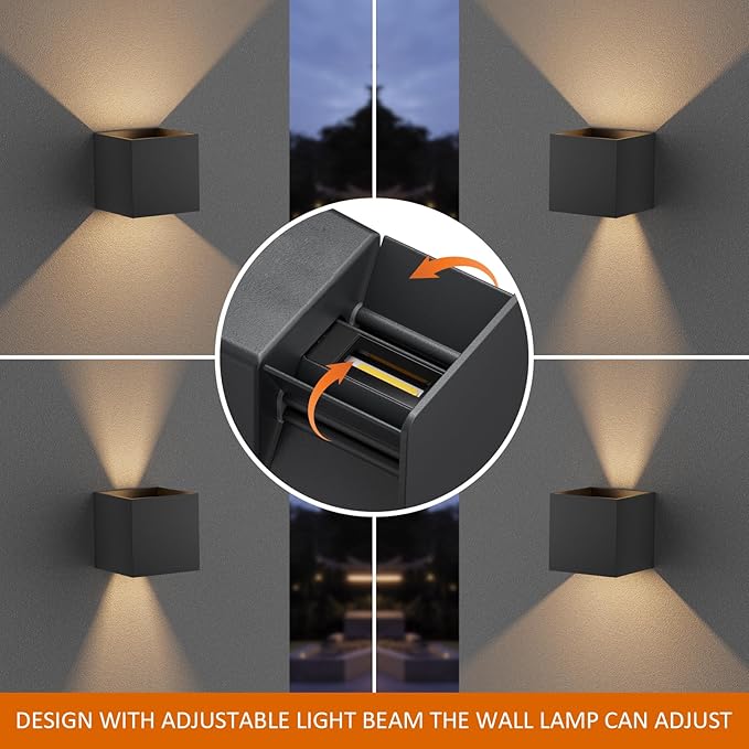 4.7inches Modern Cube Led Wall Light20W 3000K Up Down Hardwired Outdoor Wall SconcesIP65 Waterproof Aluminum Wall Lamp with Adjustable Beam Size for Garage Garden Porch Patio(Black2Pack)
