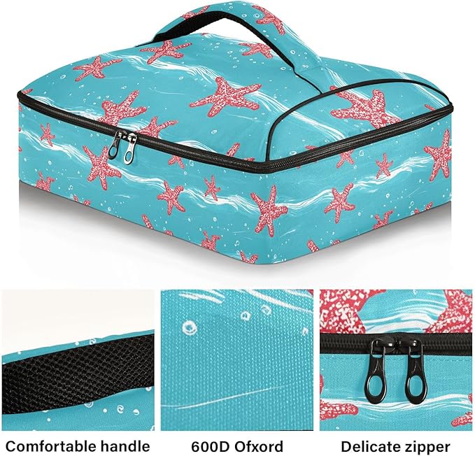 Casserole Carrier Red Starfish Turquoise WavesInsulated Casserole Carrier for Hot or Cold Food Thermal Lunch Tote for Potluck Parties Picnic Beach Fits 9 x 13 Inches Baking Dish